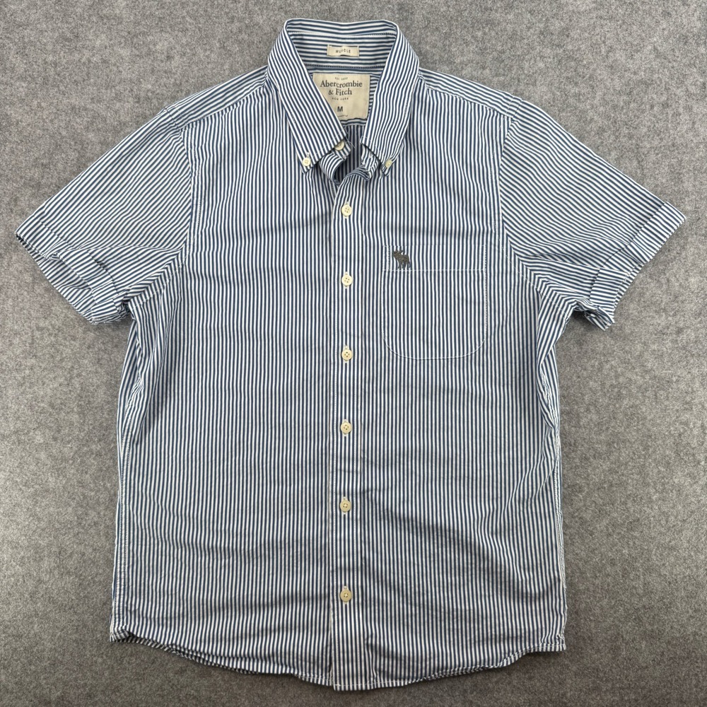 Y2K Abercrombie & Fitch Shirt Mens M Muscle Fit Blue White Striped Short Sleeve